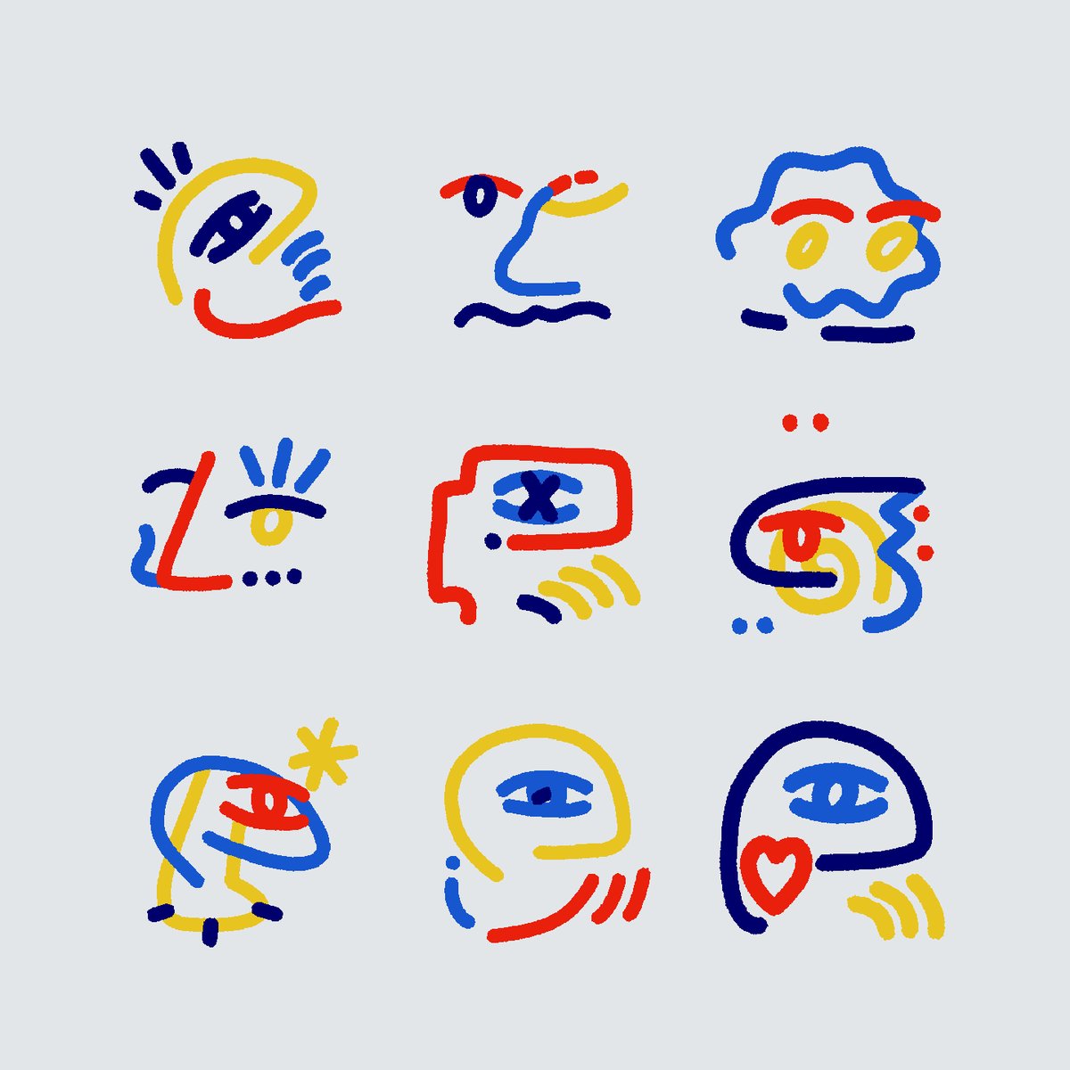 The image features a collection of nine different faces, each with unique colors and styles. These faces are drawn using simple lines and shapes, giving them a cartoon-like appearance. The faces include various expressions such as smiling, frowning, and making funny faces. The colors used for these faces range from red to blue, yellow, green, and orange. The post that added this image is titled "Just added my 2nd @GLiFSbyEfdot", which suggests it might be a social media post or a comment on someone else's artwork.
