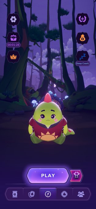 A vibrant mobile game interface for Sleepagotchi features a cute green dragon-like creature in a mystical purple forest, with a "PLAY" button at the bottom and a timer reading "00:01:28," visually embodying the post's message about users taking control of their own sleep data to earn value rather than letting companies collect it passively.
