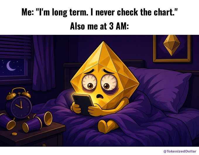 A meme with text 'Me: "I'm long term. I never check the chart." Also me at 3 AM:' showing a cartoon depiction of an Ethereum character nervously checking a phone in bed at night, credited to @TokenizedDollar.