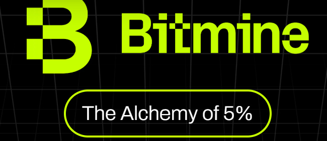 The image displays the BitMine logo in bright green alongside the phrase "The Alchemy of 5%" in a rounded border. It relates to the accompanying post by highlighting Bitmine Immersion Technologies' strategic asset allocation, where 5% likely refers to its cash and marketable securities portion relative to total assets.