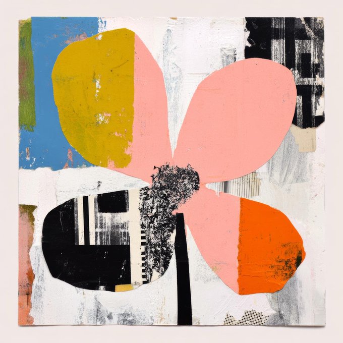 A mixed-media abstract artwork depicting a stylized flower with pink, yellow, and orange petals against a textured white, blue, and black background.