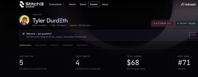 A screenshot of the Stitch3 creator dashboard for user 'Tyler DurdEth', showing a payment of $50f228.ziqr, 5 campaigns live, and $68 total earned.