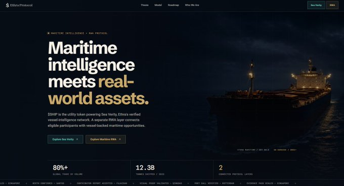 A screenshot of the Etherscan Protocol website featuring a dark-themed landing page with the headline 'Maritime intelligence meets real-world assets.' and a large image of a cargo ship at sea.