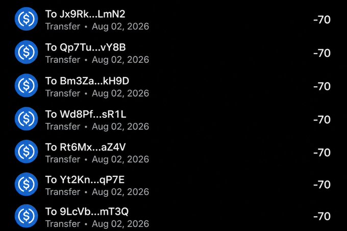 A screenshot of a transaction history showing seven -70 transfers dated Aug 02, 2026 to various truncated wallet addresses, which appears to document the giveaway payouts of $70 each (totaling $490 shown) referenced in the $700 giveaway post with 10 winners.
