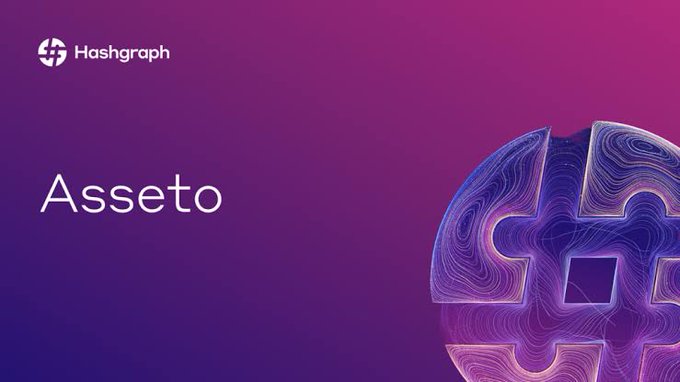 A Hashgraph promotional graphic featuring the word "Asseto" on a purple gradient background with an abstract geometric design on the right side.