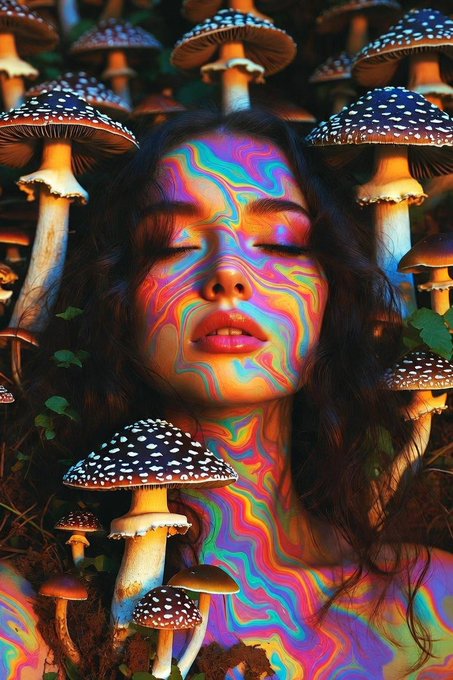 A psychedelic portrait of a woman with closed eyes, her face and body covered in swirling rainbow-colored patterns, surrounded by tall spotted mushrooms in a dark forest setting.