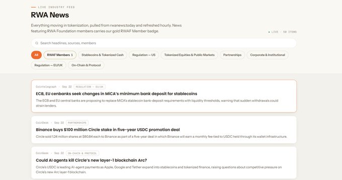 RWA News live industry feed showing tokenization headlines including ECB stablecoin rules, Binance's $100M USDC deal with Circle, and Coinbase's Circle Layer-1 blockchain Arc.