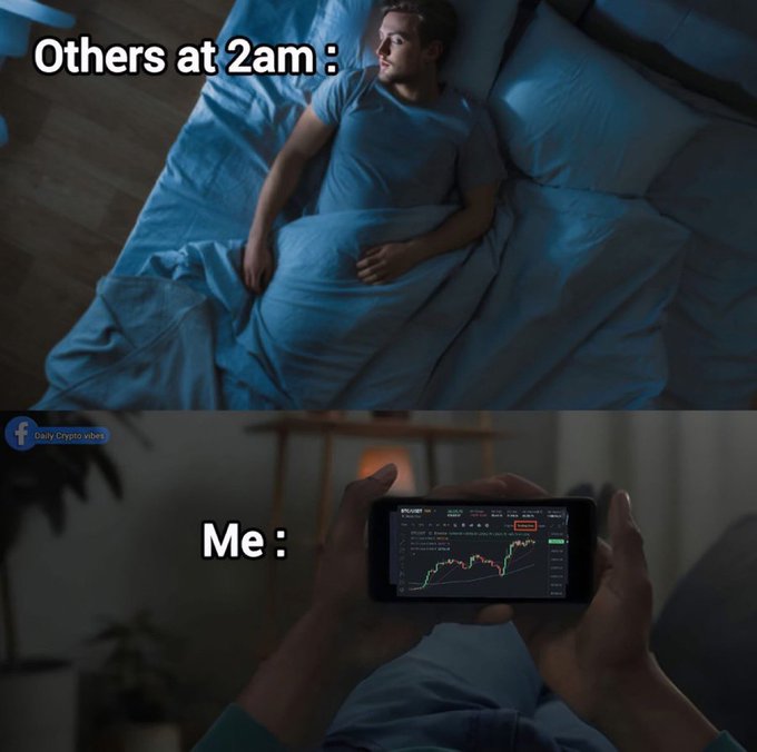 A two-panel meme contrasts "Others at 2am" peacefully sleeping in bed with "Me," awake and watching a candlestick chart on a phone at 2am. The image is branded with "Daily Crypto Vibes" and relates to the post by depicting the sleepless crypto trader's late-night chart-watching habit that ends in getting "rugged."