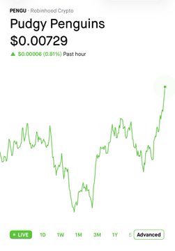 A stock chart showing the price of "Pudgy Penguins" (PENGU) at $0.00729, with a green line trending upward over a 1-month period.
