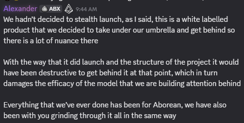 A screenshot of a Discord message from user Alexander posted at 9:44 AM discussing a stealth launch, project structure, and mentions of 'Aborean'.