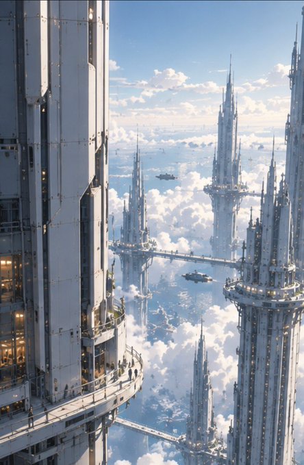 Massive, futuristic white spires rise above a sea of clouds, connected by suspended bridges with tiny figures traversing the platforms — visually evoking a thriving, high-altitude civilization that mirrors the "bullish low-cap builder" energy behind the $SUI crypto project being hyped.