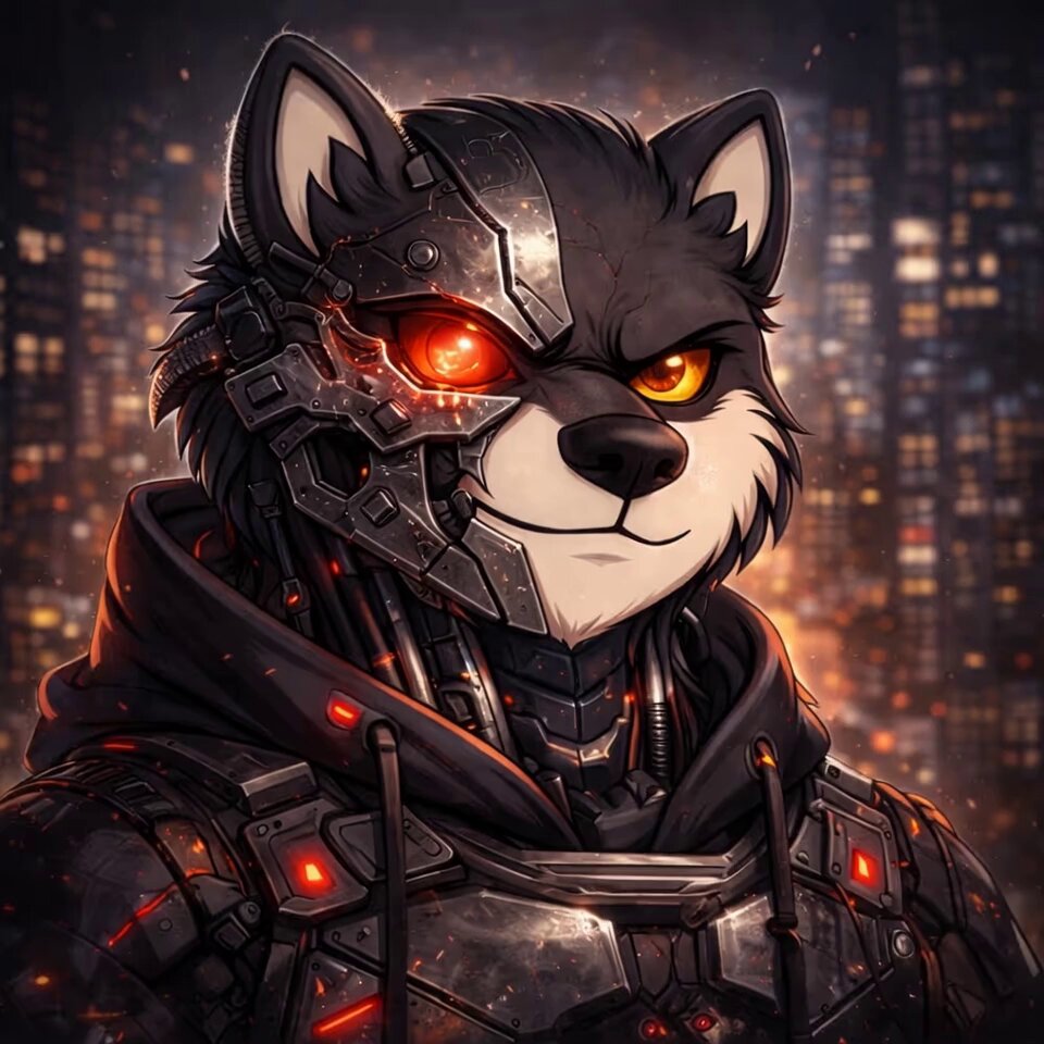 A graphic of a dog wearing armor which appears very futuristic and metallic with red glowing eyes, standing next to a neon city skyline at night time. The accompanying post features the man's face against this backdrop and includes tags from both the artist and the post. It seems that the image has been used as part of a promotional campaign or social media post promoting a new product or service related to futuristic dog costumes.