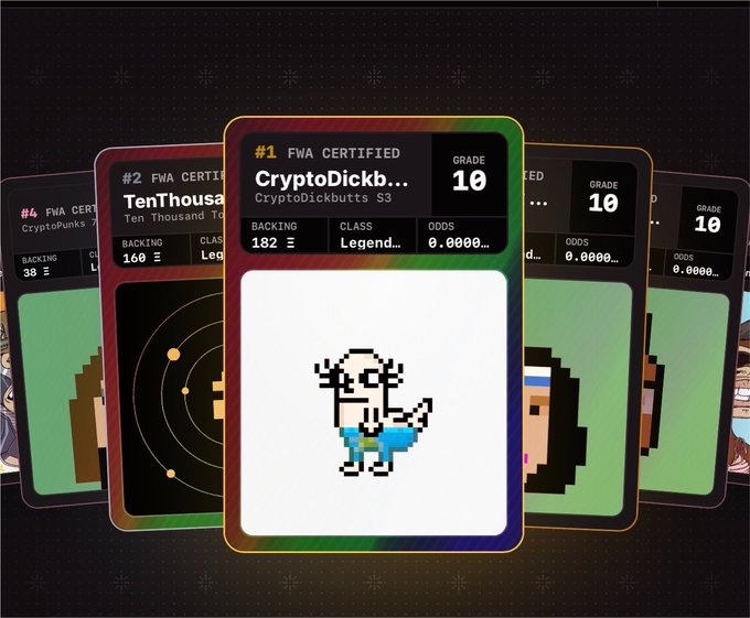 A stack of NFT cards is displayed, with the top one featuring a pixelated dinosaur labeled "CryptoDickbutts #3," graded "10" and "#1 FWA CERTIFIED" with 182 backers at 0.0000 odds. The image illustrates the context of NFT-backed deposits discussed in the post, where depositors are weighing low positive EV yields against alternatives like Aave as farming rewards slow down.