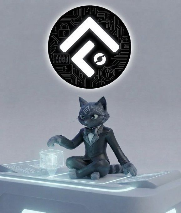 A 3D-rendered anthropomorphic cat character in a dark suit sits cross-legged on a glowing platform, reaching toward a translucent cube beneath a circular emblem with circuit board patterns.