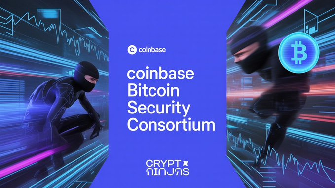 Promotional graphic for the 'Coinbase Bitcoin Security Consortium' featuring two ninja figures flanking the central text, with a Bitcoin logo and 'CRYPTO NINJAS' branding.