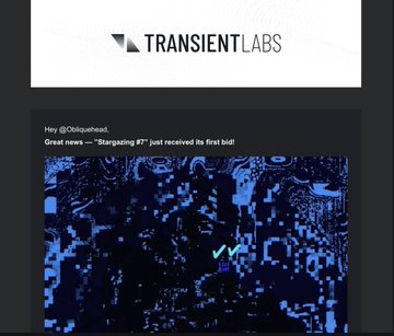 A Twitter post from Transient Labs (@0x0uhead) announcing "Stargazing #7 just received its first bid!" with a blue-toned abstract artwork featuring a checkmark.
