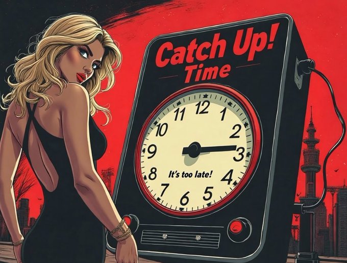 An illustration shows a blonde woman in a black dress standing next to a clock device labeled "Catch Up! Time" with the hands near 3:15 and "It's too late!" written on the clock face, set against a red background with a city skyline.
