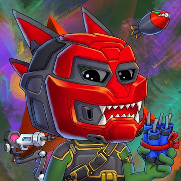 The image features a cartoon character wearing a red mask with teeth sticking out, holding a blue bomb and surrounded by various other objects such as a camera, a hammer, and a paintbrush. The caption reads "Finally reached my goal of owning 50 beautiful NFTs from @PepeExplorers! The artwork is incredible, and with so many unique traits, it'S extremely hard to choose favourites because they all look amazing".