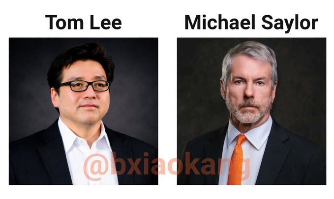 The image features two men wearing suits with one man's suit being black and the other being white, both standing against a gray background. The text "Tom Lee" and "Michael Sayor" are displayed above each of them, indicating their names in relation to the photo. Additionally, there is a caption below the image that reads: "上周： BitMine 买入了 126,971 枚 $ETH Strategy 加仓了 1,550枚 $BTC 财库公司在抄底...".
