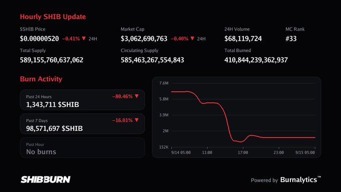 A dashboard titled 'Hourly SHIB Update' displaying crypto metrics like '$SHIB Price $0.0000520', 'Market Cap $3,062,690,763', and a 'Burn Activity' chart from SHIBBURN, powered by Burnalytics.