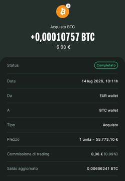 A mobile app screenshot of a completed Bitcoin purchase showing '+0,00010757 BTC' for 6.00 EUR, with a unit price of 55,773.10 EUR.
