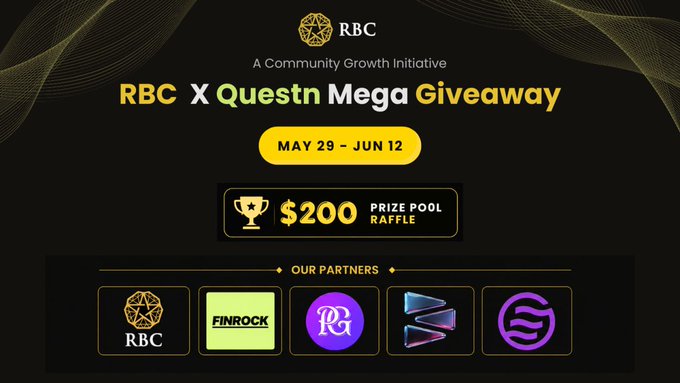 The image presents an invitation for "RCX X Questn Mega Giveaway", likely related to the gaming industry, which is about to launch on May 29th, June 12th from 7 pm to 10 pm at RBC's offices in Toronto. The poster has a black background and yellow borders, featuring logos of different companies including RBC, Questn, and Finrock. A gold cup symbolizes the prize pool for the contest or contest entry, signifying that this event involves the possibility of winning a certain amount of money.