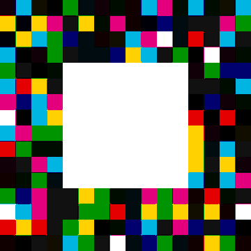A decorative border made of multicolored pixelated squares in various colors surrounding a blank white square in the center.