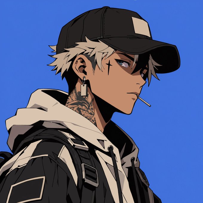 An anime-style illustration of a young man with white hair, wearing a black cap and hoodie, featuring neck tattoos and a cross mark on his face against a blue background.
