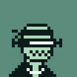 A pixel art illustration of a green-skinned character or zombie wearing a dark fedora with a green band, set against a solid green background.