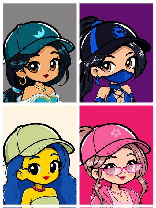 A 2x2 grid of four chibi-style cartoon girls, each wearing a baseball cap (teal, dark blue, beige, and pink), styled like pop culture or video game characters.