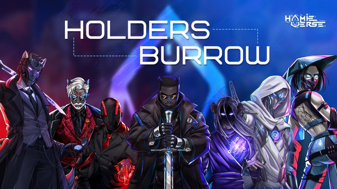 Promotional artwork for the "HOLDERS BURROW" event featuring a lineup of diverse masked and costumed characters from the Hamieverse, with the event details announcing an open Discord conversation scheduled for today at 1:30 PM EST.