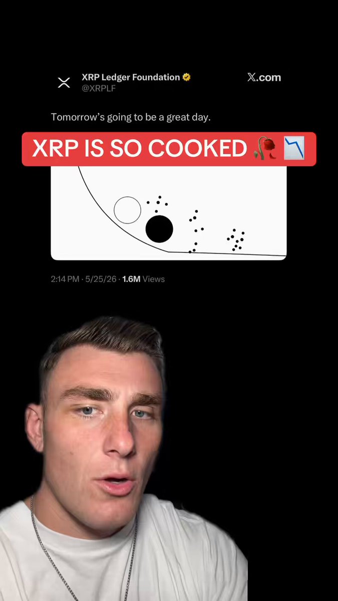 The image shows a man wearing a white shirt, with his face partially visible as he looks at the camera. The background appears to be black, which contrasts with the white shirt. There are two red text boxes in the image that read "XRP is so cooked" and " Tomorrow's going to be a great day." These text boxes are located above the man's head.