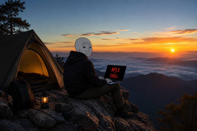 An edited meme shows a bald 'wojak' character sitting outside a tent at sunset using a laptop with 'NFLX CHILL' displayed in red text on the screen.