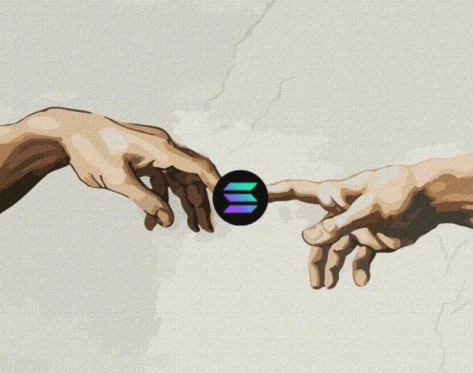 The image features a hand with a green and purple logo, which appears to be a symbol or code related to cryptocurrency. The logo is positioned above the fingers of one hand, while the other hand has its fingers spread out. The background of the image is white, providing contrast for the logo. The caption below the image reads "lets be honest sol is the best crypto".