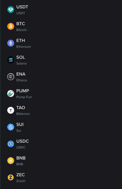 A dark-themed cryptocurrency portfolio tracker displaying a list of holdings with their tickers and logos, including USDT, BTC (Bitcoin), ETH (Ethereum), SOL (Solana), ENA (Ethena), PUMP (Pump.Fun), TAO (Bittensor), SUI (Sui), USDC, BNB, and ZEC (Zcash), corresponding to the crypto assets mentioned in the post about current holdings updates.