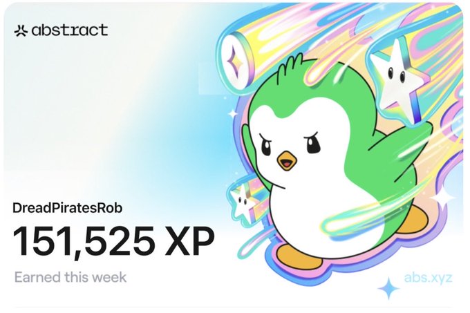 An Abstract platform XP card for user DreadPiratesRob showing 151,525 XP earned this week, featuring a cute green penguin mascot with a rainbow trail.