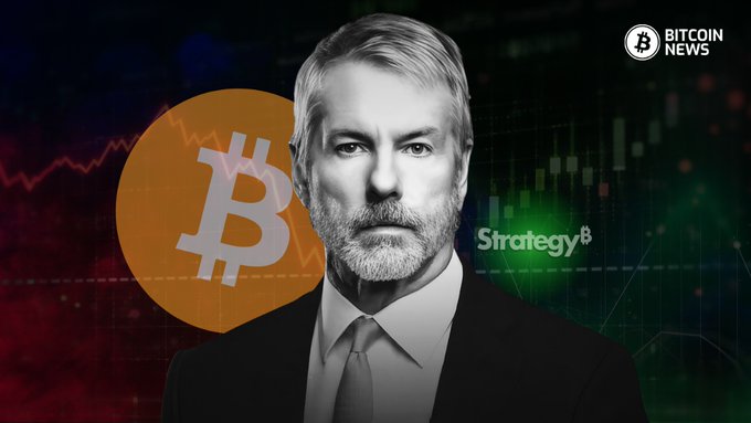 A Bitcoin News graphic shows a black-and-white portrait of a bearded man alongside a Bitcoin logo and stock chart, with the text 'Strategy8' visible.