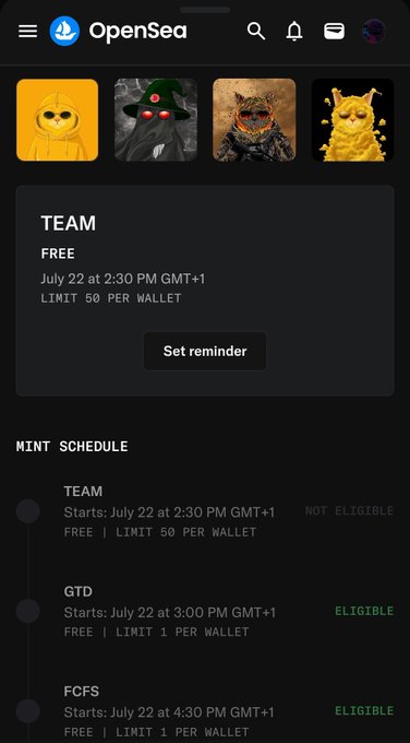 An OpenSea mobile app screen showing NFT listings with a 'TEAM' free mint scheduled for July 22 at 2:30 PM GMT+1, alongside a mint schedule showing TEAM (NOT ELIGIBLE), GTD, and FCFS options.