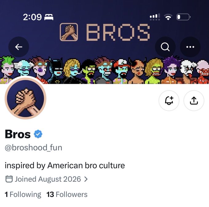 The image shows the X (Twitter) profile page for "Bros" (@broshood_fun), featuring pixel art branding of two crossed hands, a banner displaying various pixelated character sprites, and the bio "inspired by American bro culture" with the account having only 13 followers, matching the post's emphasis on being "early" to this NFT collection's alpha announcement.