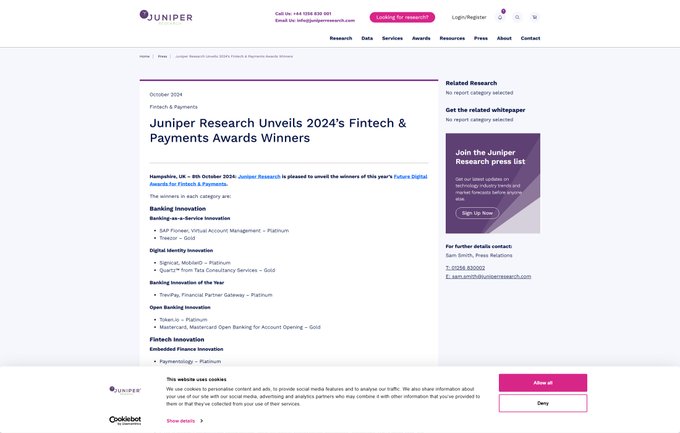 The image shows a Juniper Research webpage dated October 8, 2024, titled "Juniper Research Unveils 2024's Fintech & Payments Awards Winners," listing banking and payment innovation winners such as Platinium and Mastercard, and directly supports the caption's claim by confirming that Juniper Research did announce a Ripple-related project (Tranglo – Platinium in the Open Banking Innovation category) as part of its 2024 fintech and payments award winners.