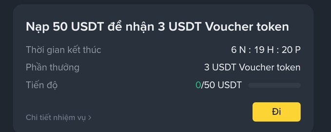 A Vietnamese-language crypto task interface prompting users to deposit 50 USDT to receive 3 USDT Voucher token, showing a countdown of 6 days, 19 hours, 20 minutes and progress at 0/50 USDT.