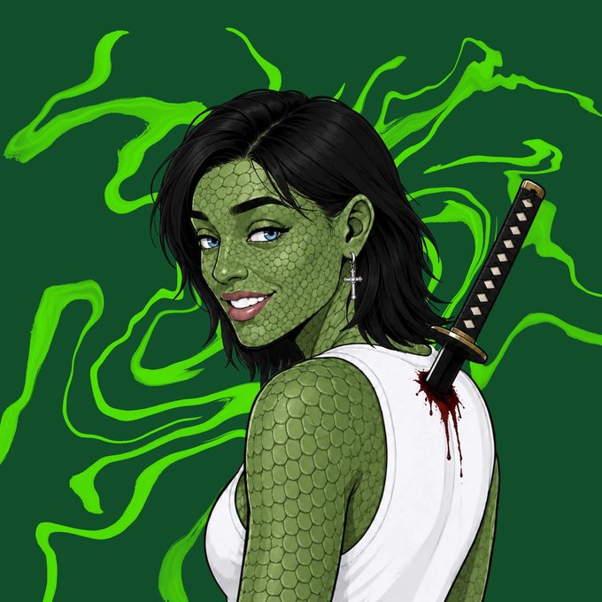 An illustrated portrait of a green-scaled reptilian woman with dark hair, a cross earring, and a katana sword piercing through her shoulder with blood.