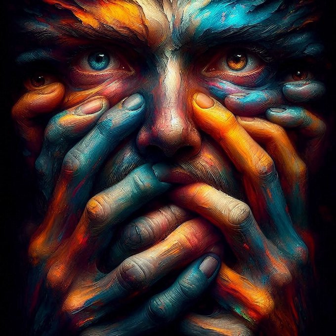 A close-up digital painting of a face covered by multiple hands, rendered in vibrant, contrasting colors of orange, blue, and red.