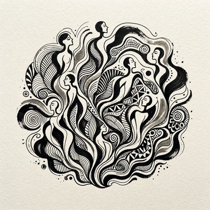 A black and white circular illustration featuring intertwined flowing figures with elongated faces, hair merging into spirals and decorative patterns, symbolizing souls connecting—matching the artwork titled "Where Souls Intertwine" referenced in the post.