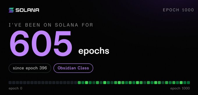 A Solana dashboard graphic displays the text 'SOLANA', 'I'VE BEEN ON SOLANA FOR 605 epochs', 'since epoch 396', 'Obsidian Class', and 'EPOCH 1000' along a progress bar.