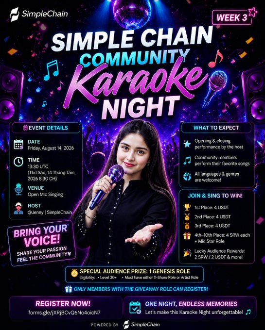 A vibrant promotional poster for 'SimpleChain Community Karaoke Night' Week 3, featuring a woman holding a microphone, event details for Friday, August 14, 2026, in Hanoi, with prizes including USDT rewards and a Genesis Role.