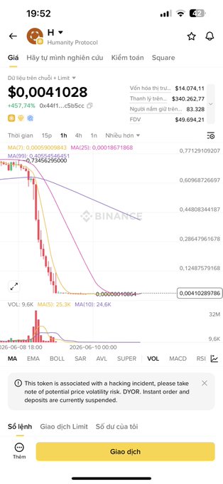The image shows a screenshot of a cellphone displaying an app called "binance" along with its time, which is about 10:52 am. The app has several buttons, including a "X token is stolen!" button that may have been pressed in response to someone falling victim to a cryptocurrency scam. In the post, it seems that one's account was compromised by hackers who stole their tokens and requested payment for those tokens through the app.