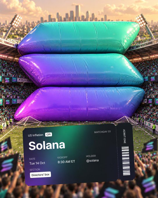 Three metallic purple and teal pillows are stacked in a stadium setting above a ticket stub for 'Solana' dated 'Tue 14 Oct' at '8:30 AM ET'. The ticket details include 'US Inflation CPI' and 'MATCHDAY 01'.