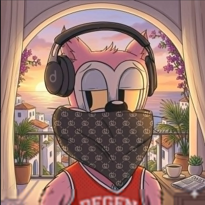 A digital illustration of a pink cartoon character wearing large black headphones and a Gucci-patterned face mask, framed by a window overlooking a sunset coastal town.
