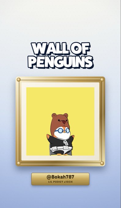 A "Wall of Penguins" NFT display featuring a penguin avatar in a bear hoodie labeled "LIL PUDGY #1034" with the creator tag "@Bokah787".
